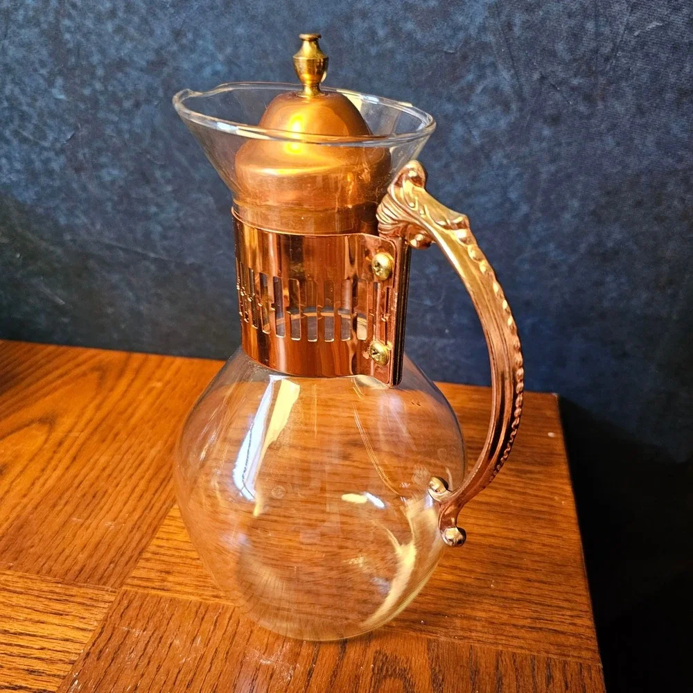 Vintage Glass Carafe with Copper Metal Collar and Ornate Scroll Handle 9.5in